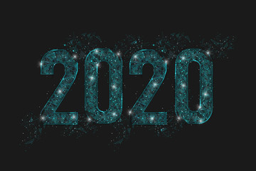 Abstract isolated blue image of  new year number 2020. Polygonal  low poly wireframe illustration looks like stars in the blask night sky in spase or flying glass shards. Digital web, internet design. © Katsiaryna