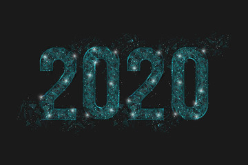 Abstract isolated blue image of  new year number 2020. Polygonal  low poly wireframe illustration looks like stars in the blask night sky in spase or flying glass shards. Digital web, internet design. © Katsiaryna