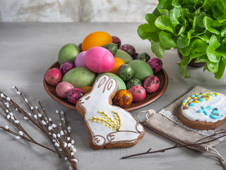 Easter set of colored eggs, painted gingerbread on a light background
