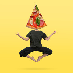 Female body in black outfit headed by pizza's slice against yellow background. Negative space to...