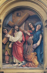 Fototapeta premium 4th Stations of the Cross, Jesus meets His Mother, Saint John the Baptist church in Zagreb, Croatia