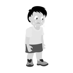 Sad little boy which crying. Grey scale vector illustration of flat design.