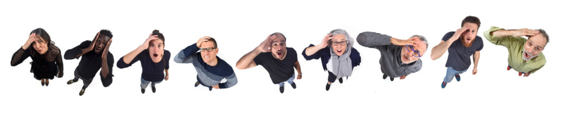 group of people with expression of forgetfulness or surprise on white background