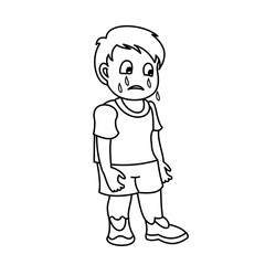 Sad little boy which crying.  Vector illustration with continuous lines on white background. 