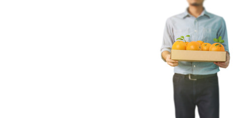 Delivery man or passenger holding a cardboard box ready