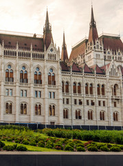 Parlament of Budapest in hungary in a cloudy day. You can see the facade with them neoclassic arquitecture.