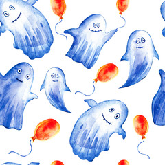 Watercolor seamless background a little Ghost and a red balloon. Curious round eyes, friendly expression. Happy Halloween. Graphic watercolor painting on white background.
