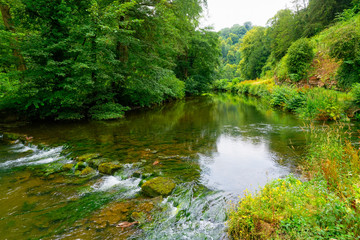 Fototapeta na wymiar River Manifold flowing gently between lush green river banks in the Staffordshire Dales.