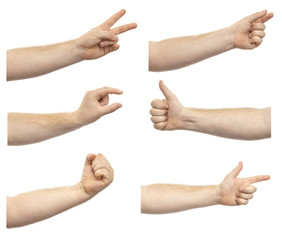 Collage of male hands showing various gestures isolated on white background. A set of various hand gestures