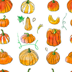 Seamless pattern from bright orange autumn pumpkin doodles. Fall harvest. Vector stock set. Cute icons with watercolor texture. Can be used for printed materials. Hand drawn. Halloween, thanksgiven.