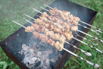 The process of cooking raw meat on skewers and on corner, metal grill. Juicy and fragrant meat. Blurred green background of grass