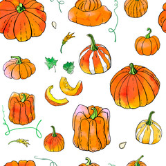 Seamless pattern from bright orange autumn pumpkin doodles. Fall harvest. Vector stock set. Cute icons with watercolor texture. Can be used for printed materials. Hand drawn. Halloween, thanksgiven.