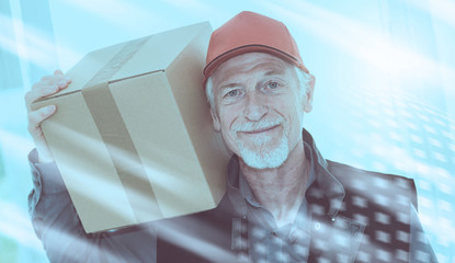 Portrait of smiling senior deliverer; light effect