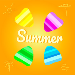 Summer vector background with seashell elements. Summer colorfull seashells on the yellow backdrop. Summer time illustration