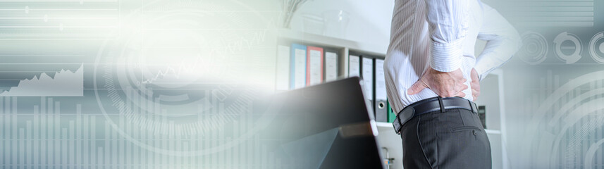 Businessman with back pain; panoramic banner