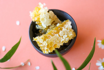 Two little slices of natural honeycombs in a small black bowl on coloured coral background with flowers