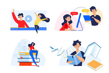 Flat design concept of video tutorials, e-book, e-learning, virtual classroom. Vector illustration for website banner, marketing material, presentation template, online advertising.