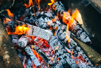Fire burning from wood. Real flame. Place for barbecue. Ecological natural fuel. Black charcoal.
