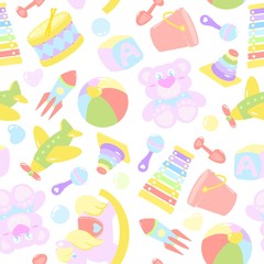 Seamless pastel toys pattern on white background. Applicable for fabric, wallpaper, background, gift wrap, decorate, nursery.