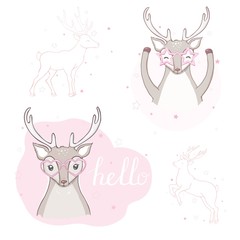 Cute deer cartoon vector set. Wildlife character collection. Forest animal.