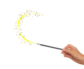 Magic wand in hand with flourish, gold stars, for frame, border. Iolated on white background.