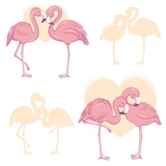 Fototapeta premium Pink flamingo vector cartoon flat set. Exotic tropical bird icons collection isolated on white background.