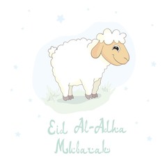 Naklejka premium vector illustration. Muslim holiday Eid al-Adha. the sacrifice a ram or white and black sheep. graphic design decoration kurban bayrami. month lamb and a lamp.Translation from Arabic: Eid al-Adha