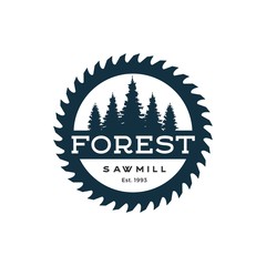 Sawmill emblem logo vector for carpentry, woodworkers, lumberjack, sawmill service.Isolated on white background