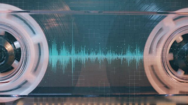 Audio cassette using visual audio signal. Motion graphics. The concept of retro technology from the 1970s, 80s and 90s.