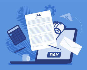 Online tax payment via laptop. Direct service for taxpayer with net-banking account, financial technology and business option for income calculation to simplify. Vector flat style cartoon illustration