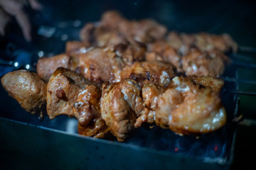 Close-up of grilled kebab on skewers on the grill at night, Selective focus