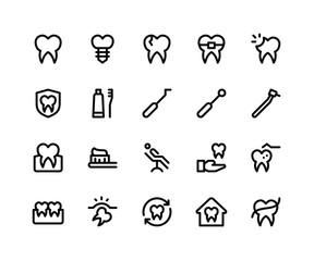 Simple Set of Dental Related Vector Line Icons. Contains such Icons as tooth, gum, toothbrush, floss and More. pixel perfect vector icons based on 32px grid. Editable Strokes