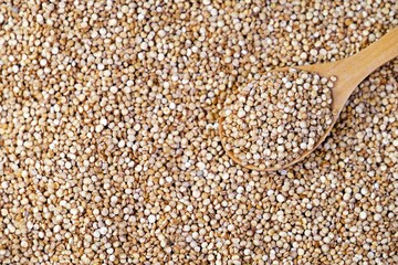 Top view of wooden spoon full of quinoa on quinoa background.
