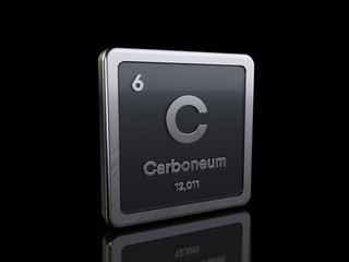 Carbon C, element symbol from periodic table series. 3D rendering isolated on black background