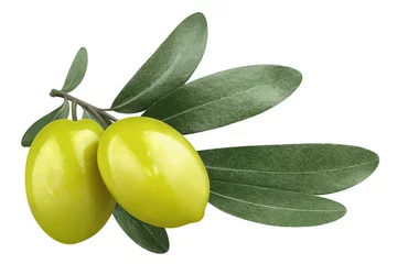 Poster Olive branch with two delicious green olives, isolated on white background © Yeti Studio