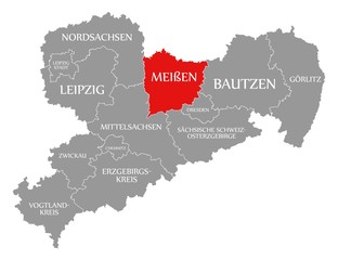 Meissen red highlighted in map of Saxony Germany DE