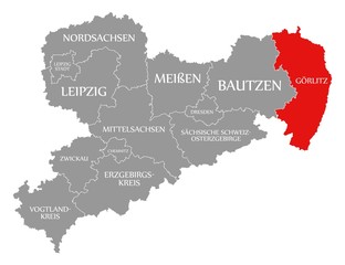Goerlitz red highlighted in map of Saxony Germany DE
