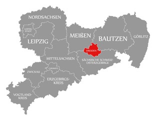 Dresden red highlighted in map of Saxony Germany DE