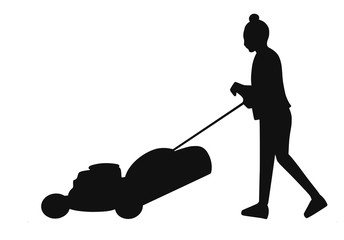 Silhouette of a girl mowing the lawn, garden equipment
