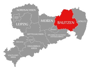 Bautzen red highlighted in map of Saxony Germany DE