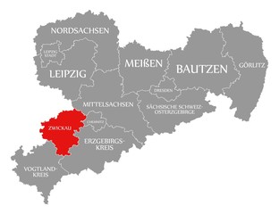 Zwickau red highlighted in map of Saxony Germany DE