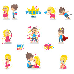 Cute lovers set. Boy and girl kawaii style illustration, variuus situations and poses.