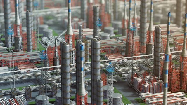 Oil and gas refinery plant factory, orbit view, red orange defocus plan, industry petroleum zone, pipe steel and oil storage tank. Aerial drone fly over plant shot. 3D generated image. Background plan