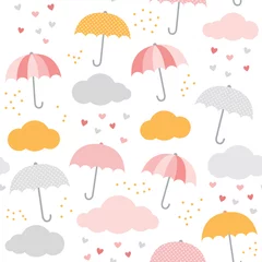 Fototapete Wolken Regen-Vektor-Muster. Netter Regenschirm, Wolke, Regentropfen, Herzen. Baby, Kind nahtlose Druckdesign.