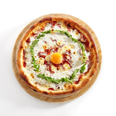 Pizza Carbonara with Bacon Isolated on White Background