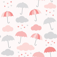 Vector pattern with umbrella, cloud and heart rain. Valentine's day seamless background. Cute design for baby girl shower.