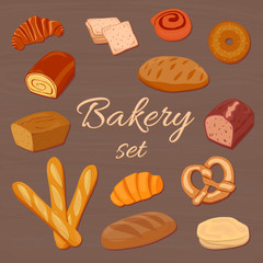 Cartoon bakery items vector set, colored different pastry elements.
