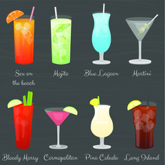 Cartoon vector cocktail drinks set, simple colored design.