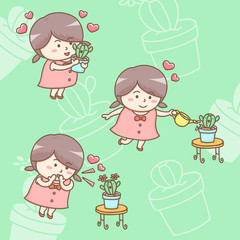 Design elements vector cartoon character of lovely girl growing and giving love to her cactus plant. Kawaii girl planting cactus cartoon character design.