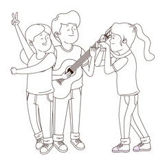 Teenagers friends smiling and having fun cartoon in black and white